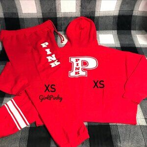 VS PINK CAMPUS SWEATPANTS OUTFIT & FULL ZIP LOGO HOODIE IN RED VERMILLION IN XS